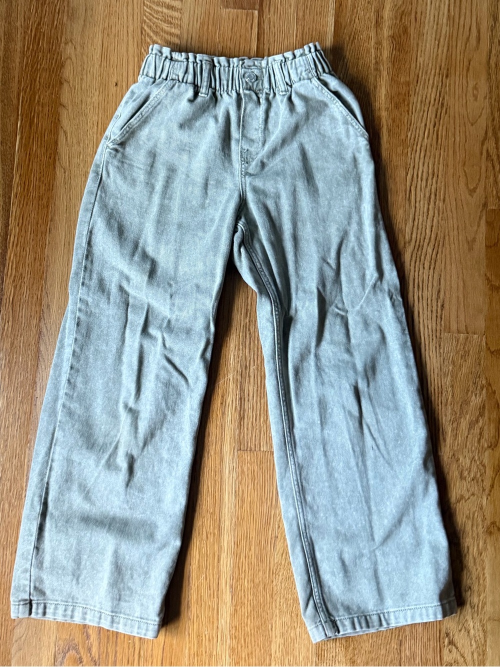H&M Girls Light Green Elastic Waist Wide-Leg Paperbag Jeans, 10